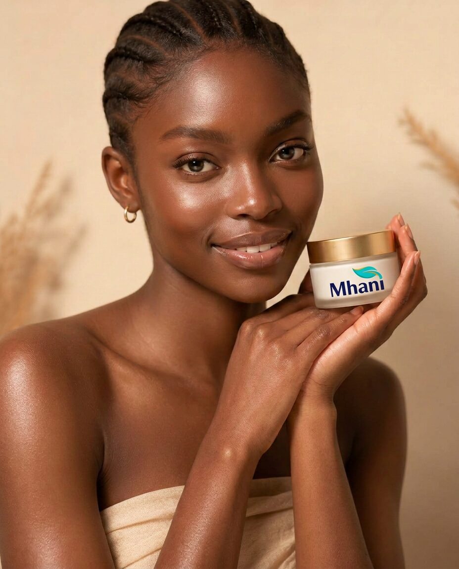Woman with radiant skin holding a Mhani Premium Skincare product